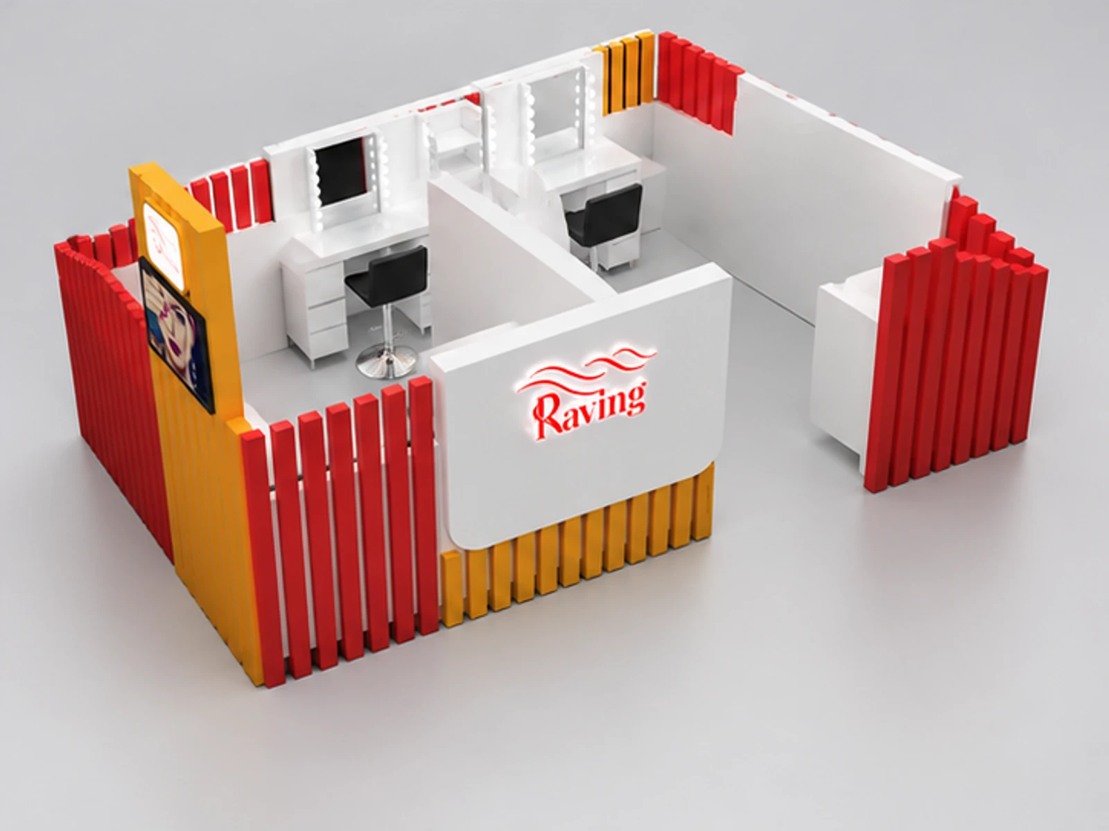Elegant Wooden Strip 3D Design Of Eyebrow Shopping Mall kiosk staff-side equipment and storage view