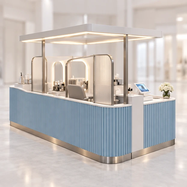 Express Eyebrow Threading Kiosk with Sanitation and Checkout opposite angle showing its complete footprint and display layout