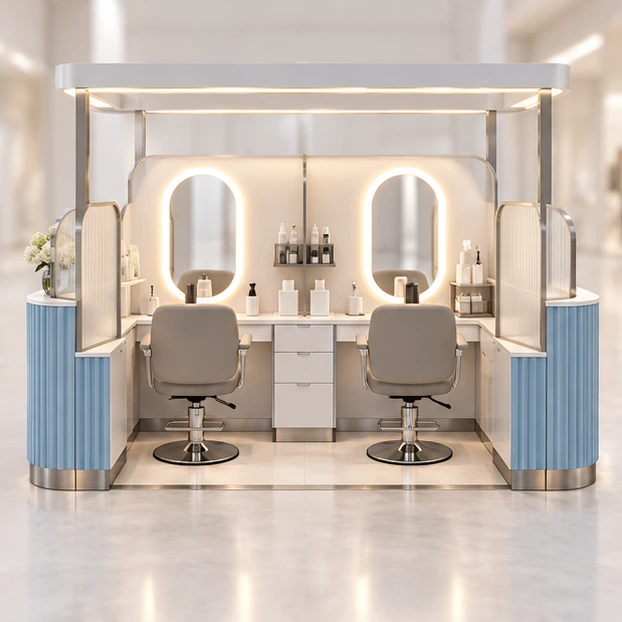 Express Eyebrow Threading Kiosk with Sanitation and Checkout customer-facing service and display view
