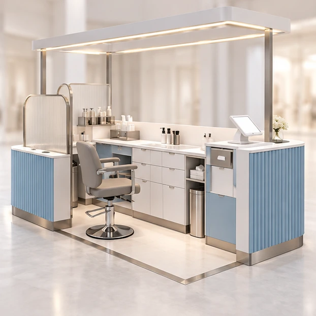 Express Eyebrow Threading Kiosk with Sanitation and Checkout operator-side equipment, access, and storage view