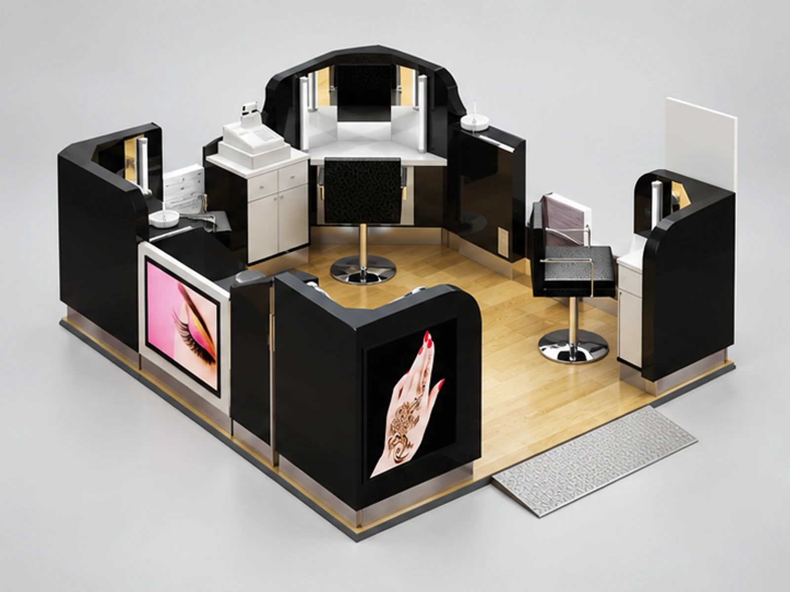 Eyebrow Threading Kiosk & Eyelash Kiosk with Professional Design for Sale opposite angle and overall footprint