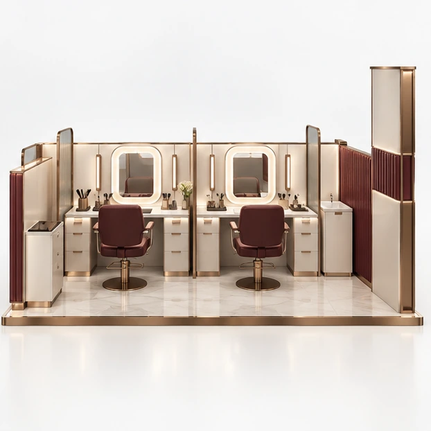 Franchise Brow Bar Kiosk with Repeatable Service Stations operator-side equipment, access, and storage view