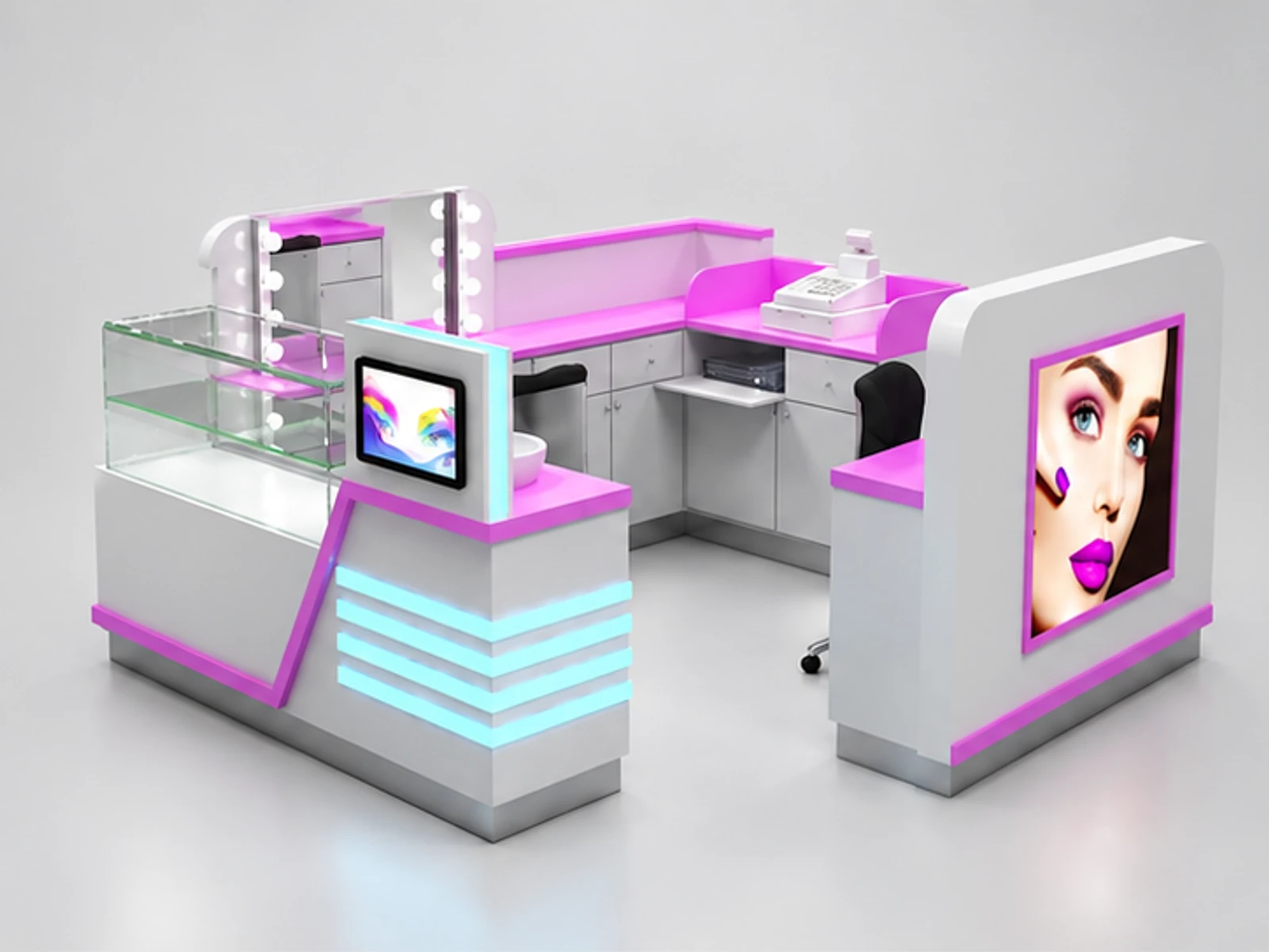 Grey color eyebrow threading kiosk | Wooden eyebrow service counter with glass showcase for sale main three-quarter view