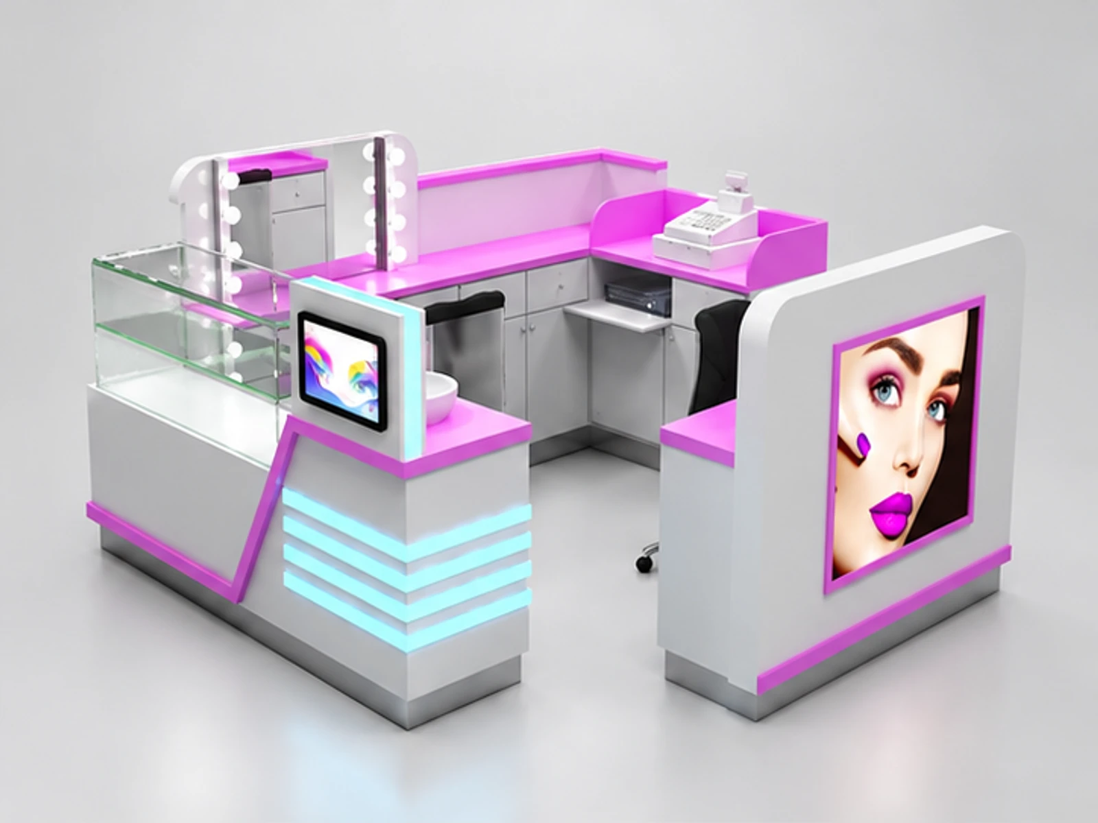 Grey color eyebrow threading kiosk | Wooden eyebrow service counter with glass showcase for sale opposite angle and overall footprint