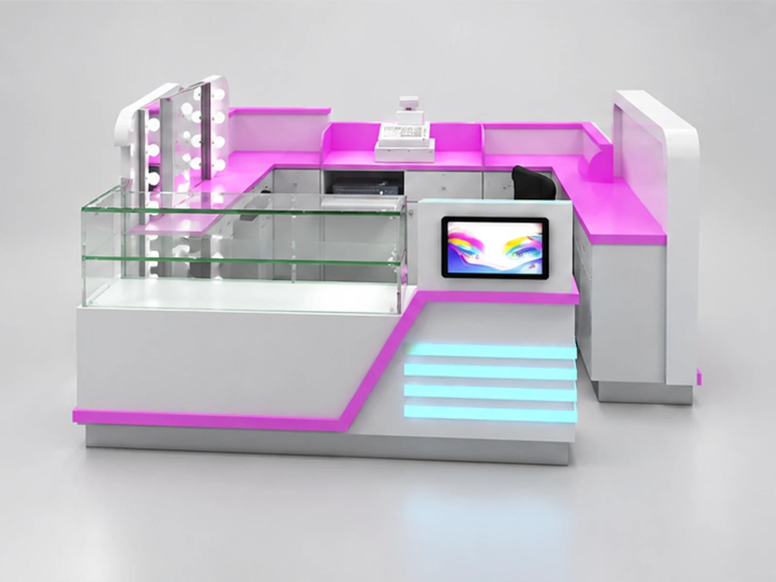 Grey color eyebrow threading kiosk | Wooden eyebrow service counter with glass showcase for sale customer-facing service and display view