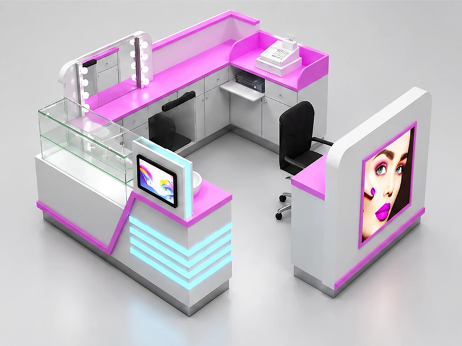 Grey color eyebrow threading kiosk | Wooden eyebrow service counter with glass showcase for sale staff-side equipment and storage view