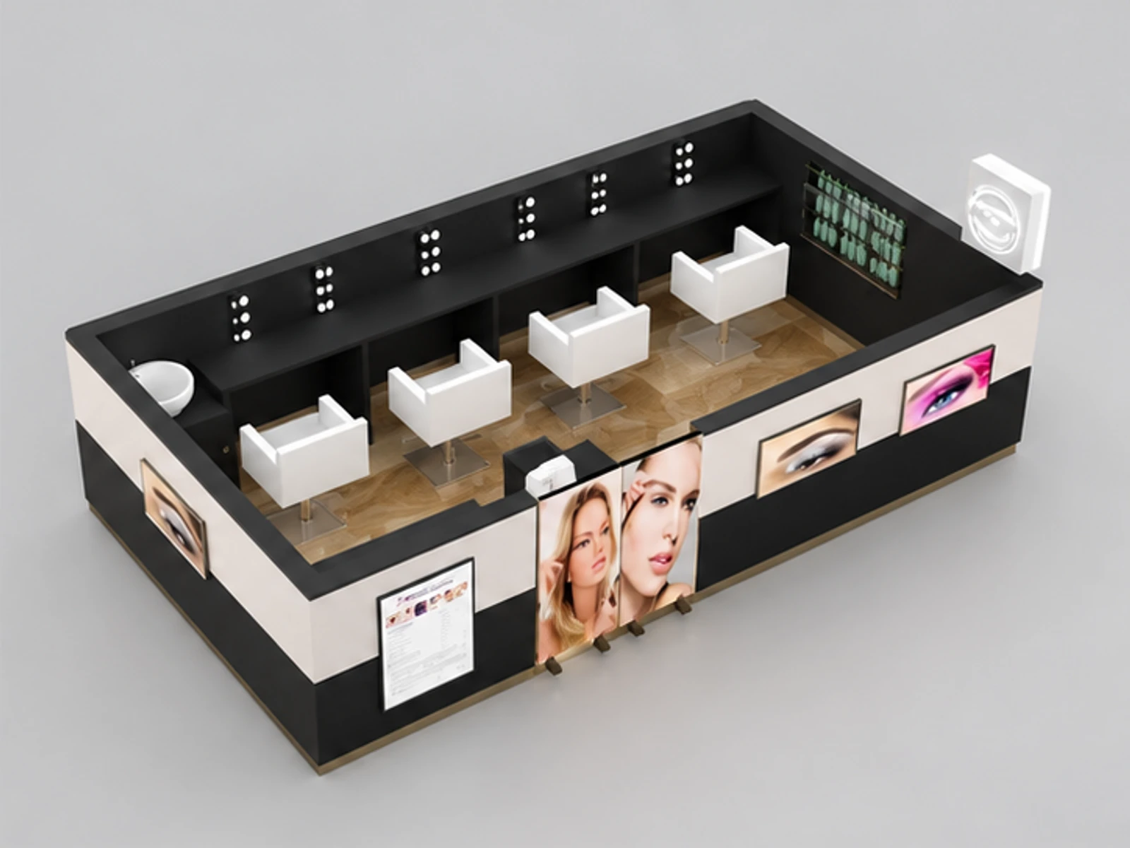 Hot Selling Eyebrow Threading Kiosk & Beauty Eyelash Booth for Salon Kiosk in Retail Store opposite angle and overall footprint
