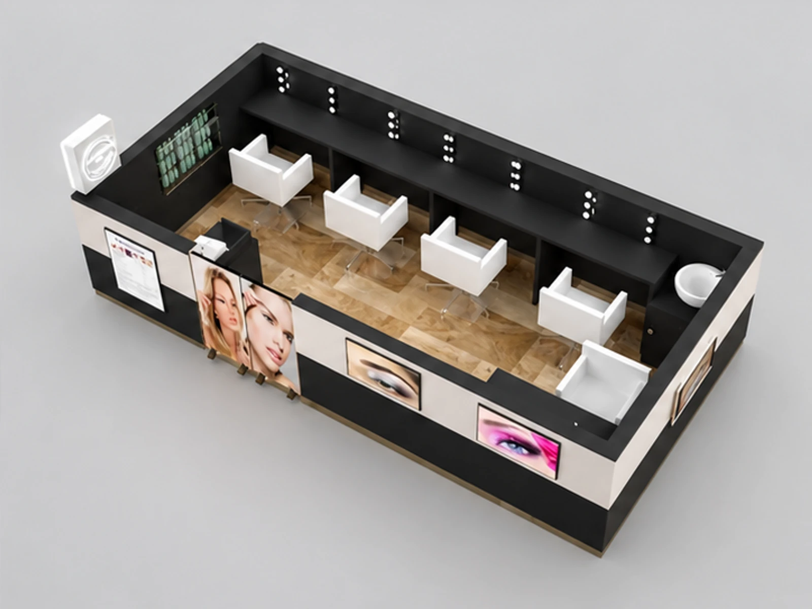Hot Selling Eyebrow Threading Kiosk & Beauty Eyelash Booth for Salon Kiosk in Retail Store staff-side equipment and storage view