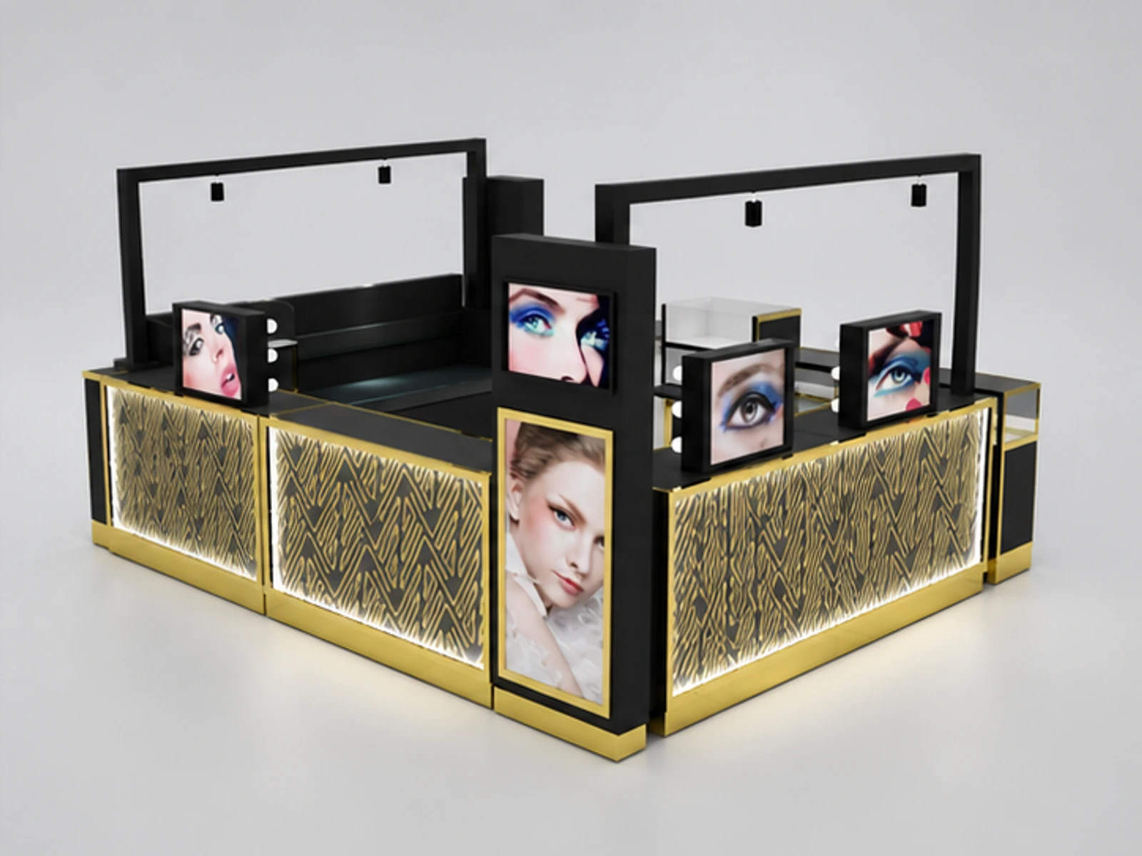 Luxury Golden Texture Design Eyebrow Kiosk in Mall For Sale opposite angle and overall footprint