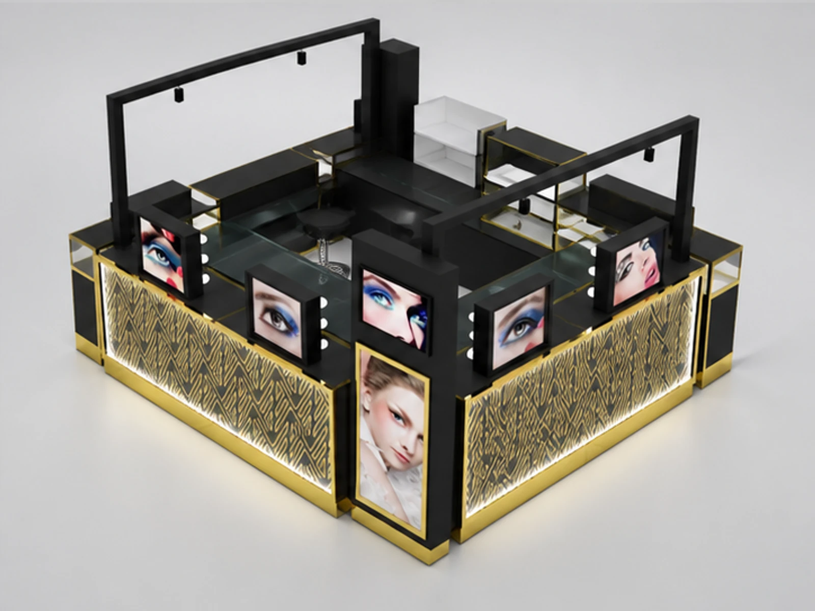 Luxury Golden Texture Design Eyebrow Kiosk in Mall For Sale staff-side equipment and storage view