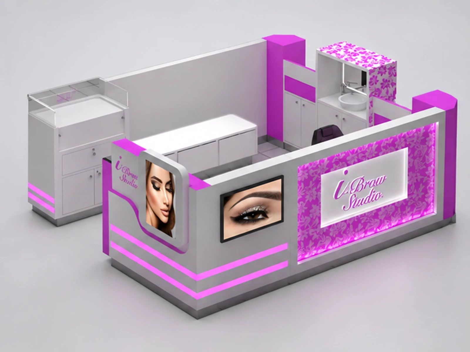 Most eye-catching brow bar studio eyebrow threading booth used in Canada shopping mall main three-quarter view