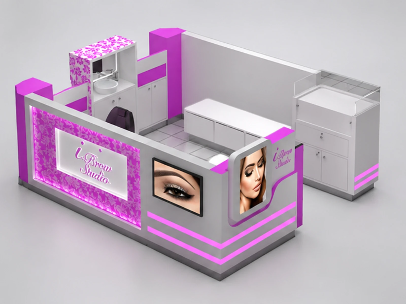 Most eye-catching brow bar studio eyebrow threading booth used in Canada shopping mall opposite angle and overall footprint