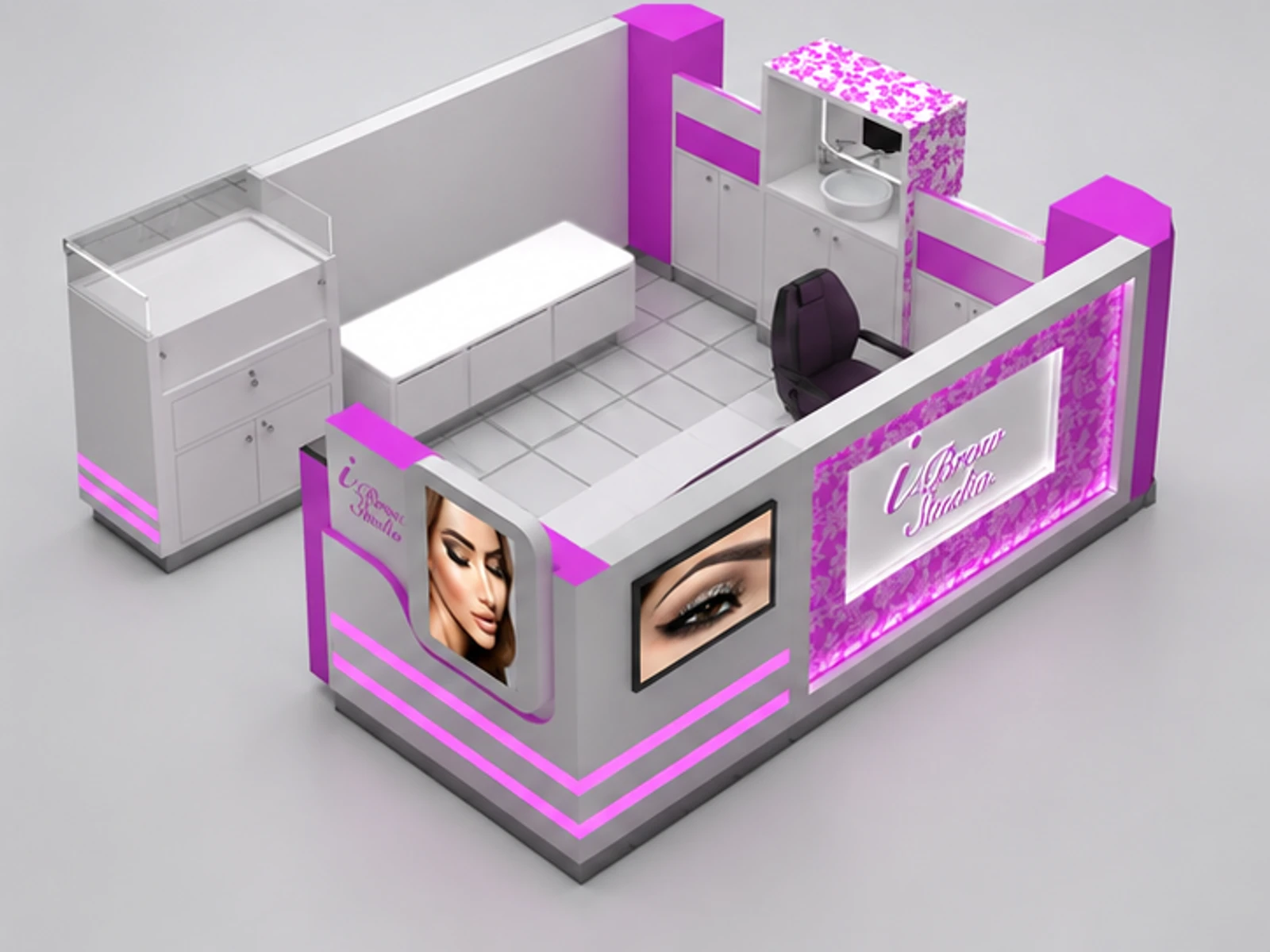 Most eye-catching brow bar studio eyebrow threading booth used in Canada shopping mall staff-side equipment and storage view