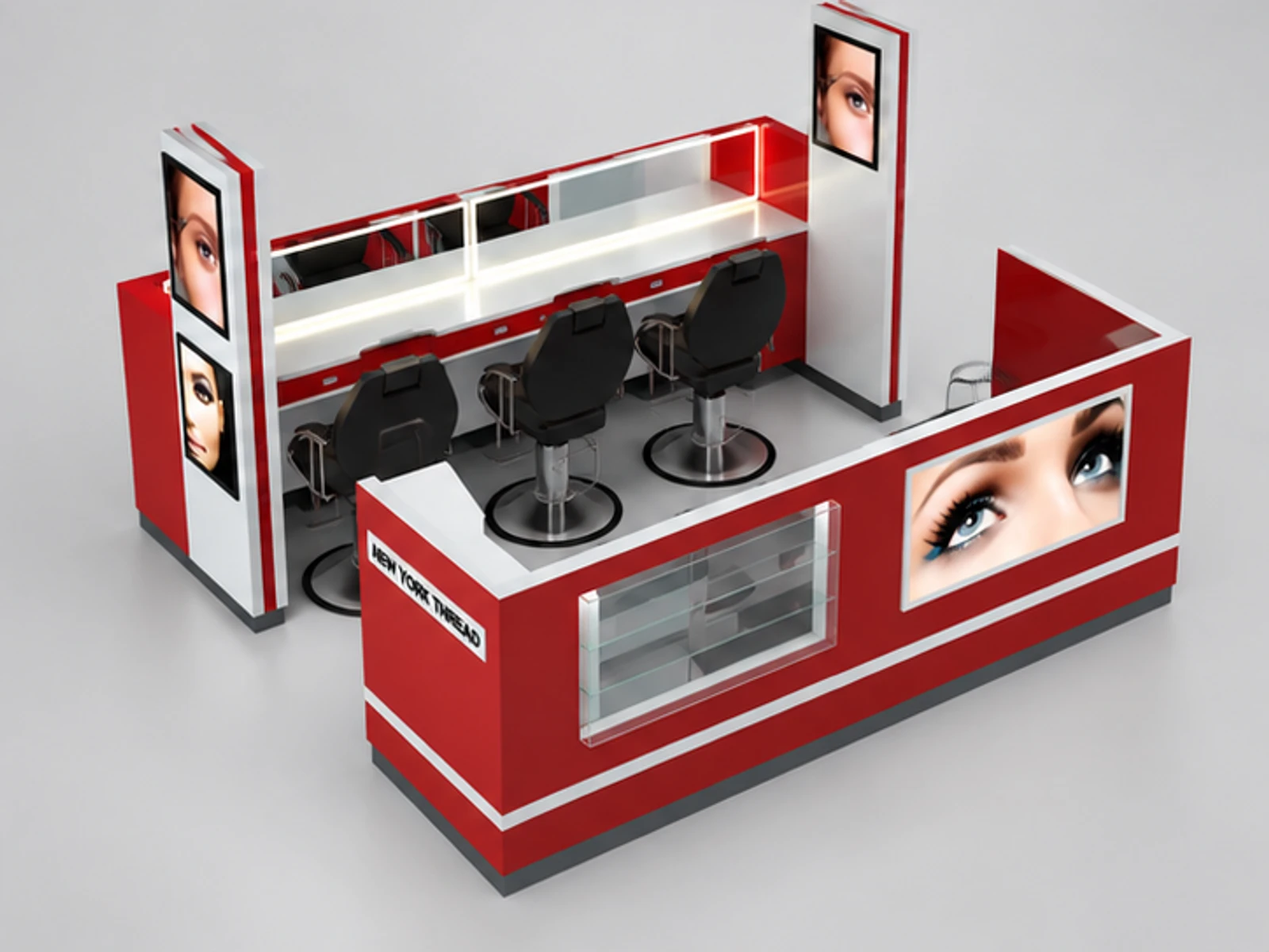 New York Eyebrow Kiosk & Beauty Eyelash Booth in Retail Store for Sale staff-side equipment and storage view