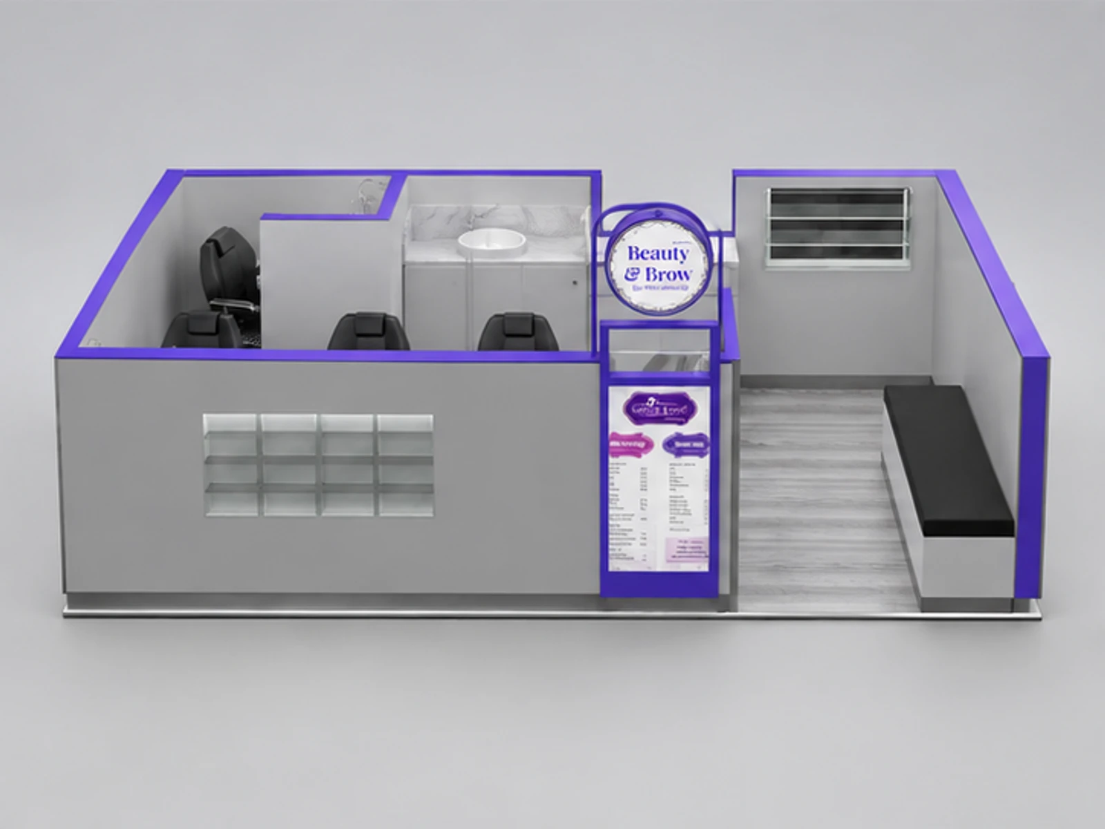 New Zealand Purple Color Eyebrow Threading Kiosk In The Shopping Center customer-facing service and display view