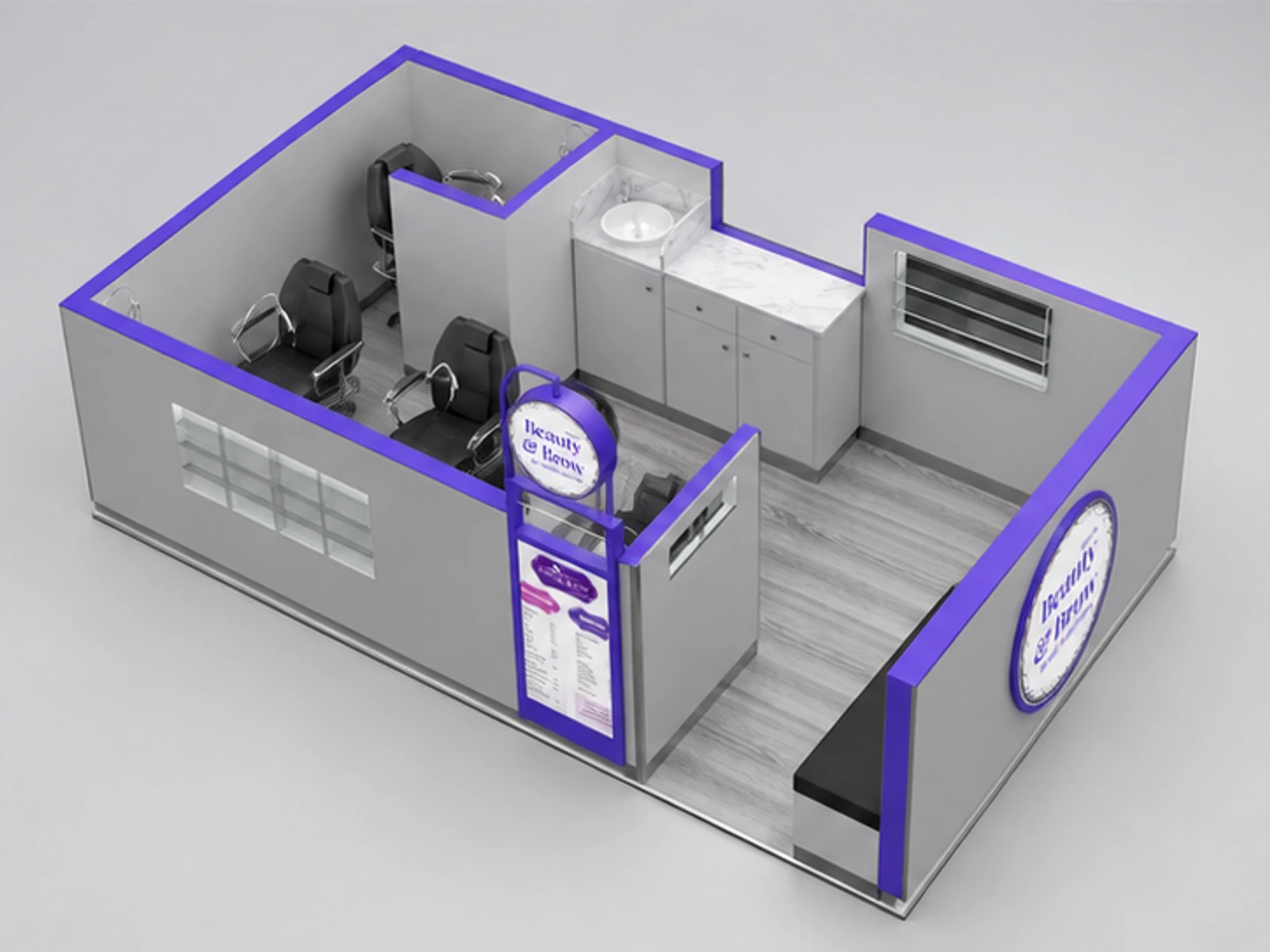 New Zealand Purple Color Eyebrow Threading Kiosk In The Shopping Center staff-side equipment and storage view