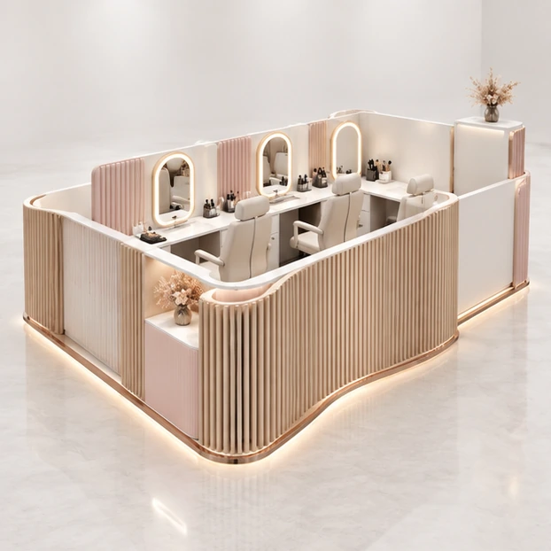 Open Brow Threading Kiosk with Curved Privacy Panels main three-quarter product rendering