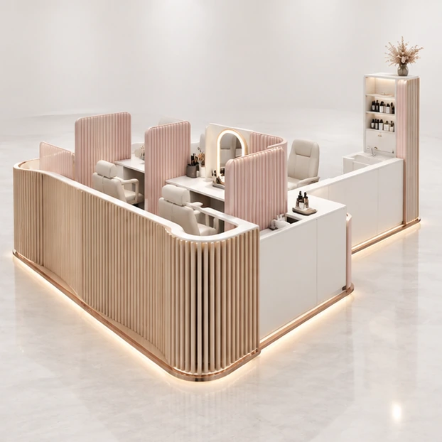 Open Brow Threading Kiosk with Curved Privacy Panels opposite angle showing its complete footprint and display layout