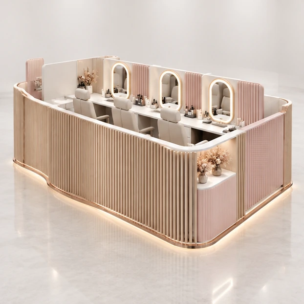 Open Brow Threading Kiosk with Curved Privacy Panels customer-facing service and display view