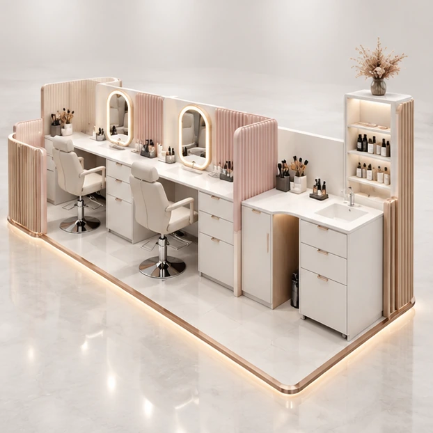 Open Brow Threading Kiosk with Curved Privacy Panels operator-side equipment, access, and storage view