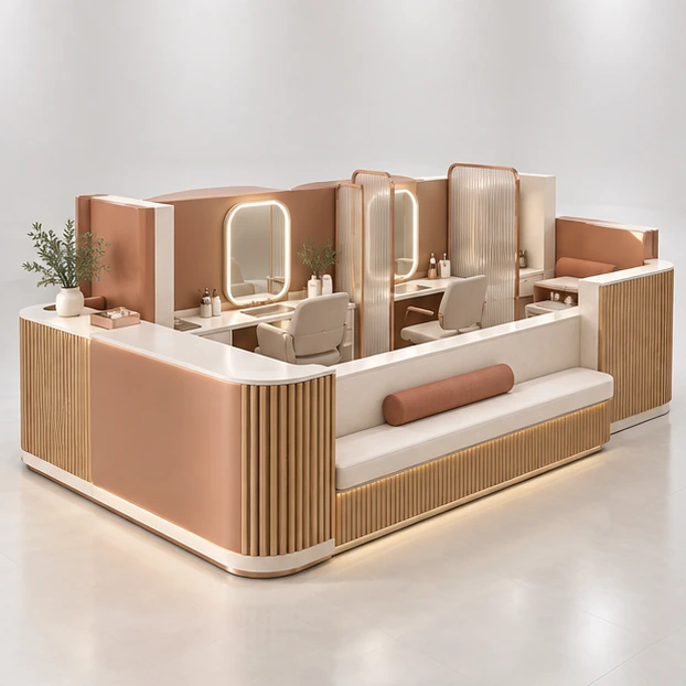 Premium Eyebrow Threading Kiosk with Reception and Waiting Bench main three-quarter product rendering