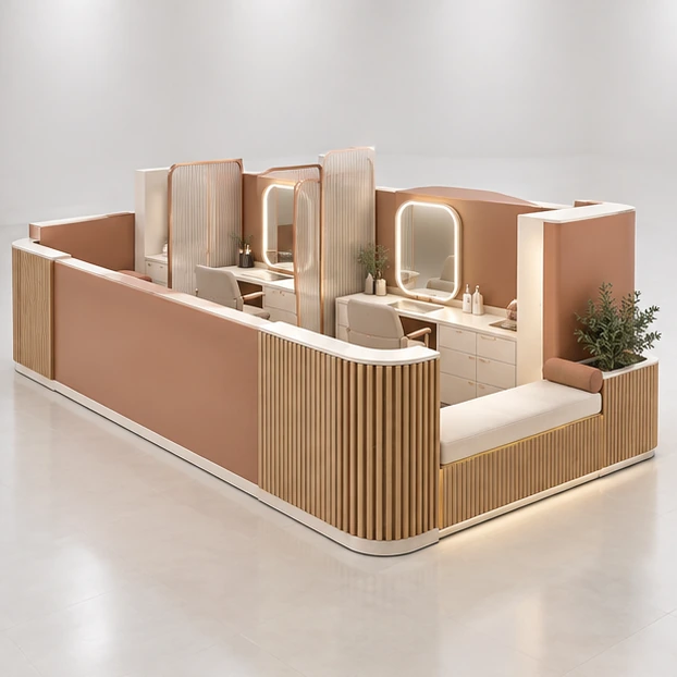 Premium Eyebrow Threading Kiosk with Reception and Waiting Bench opposite angle showing its complete footprint and display layout