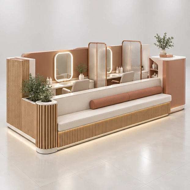 Premium Eyebrow Threading Kiosk with Reception and Waiting Bench customer-facing service and display view