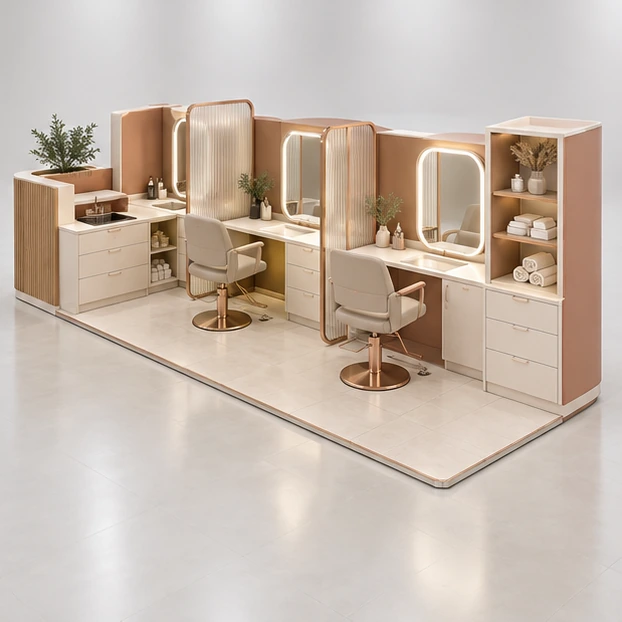Premium Eyebrow Threading Kiosk with Reception and Waiting Bench operator-side equipment, access, and storage view