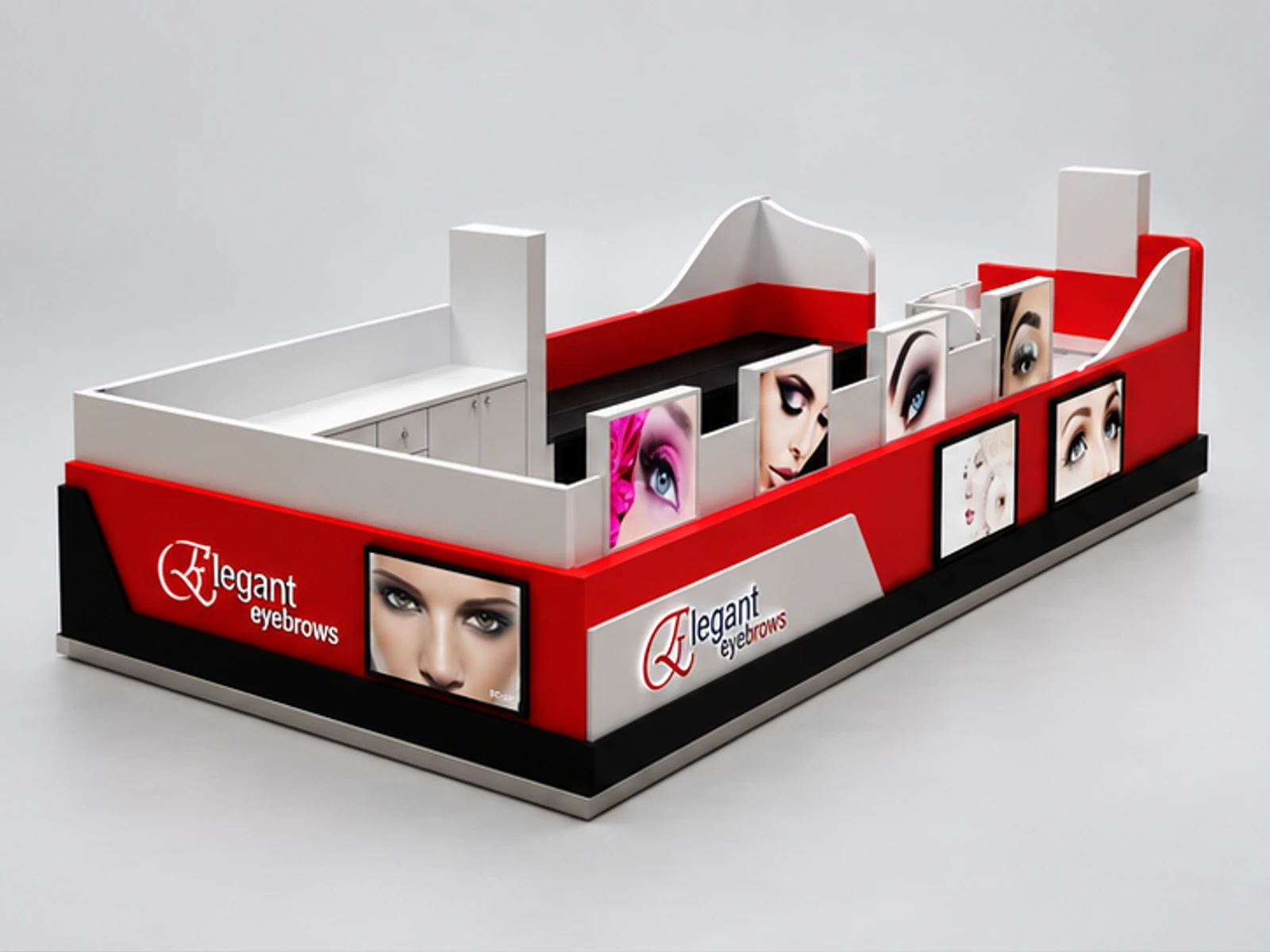 Red Eyebrow Threading Kiosk & Eyelash Extension Service Counter | Modern Brow Bar in Mall Center for Sale main three-quarter view