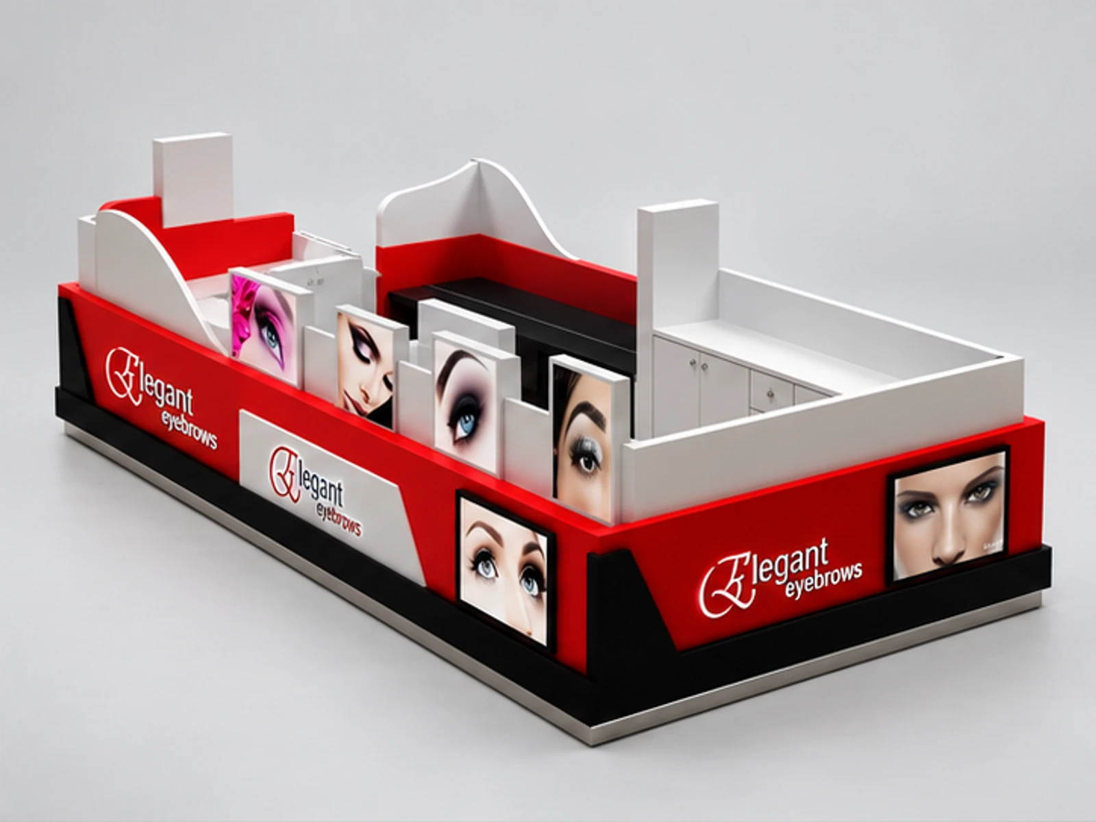 Red Eyebrow Threading Kiosk & Eyelash Extension Service Counter | Modern Brow Bar in Mall Center for Sale opposite angle and overall footprint