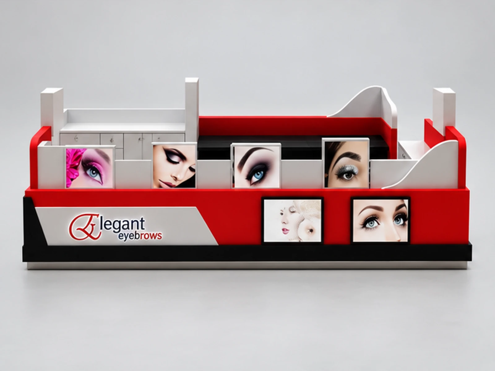 Red Eyebrow Threading Kiosk & Eyelash Extension Service Counter | Modern Brow Bar in Mall Center for Sale customer-facing service and display view