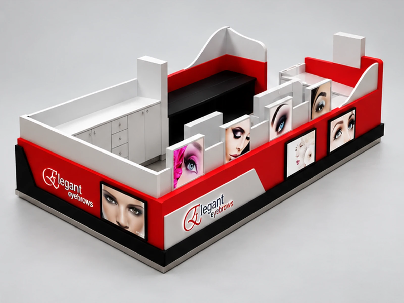 Red Eyebrow Threading Kiosk & Eyelash Extension Service Counter | Modern Brow Bar in Mall Center for Sale staff-side equipment and storage view