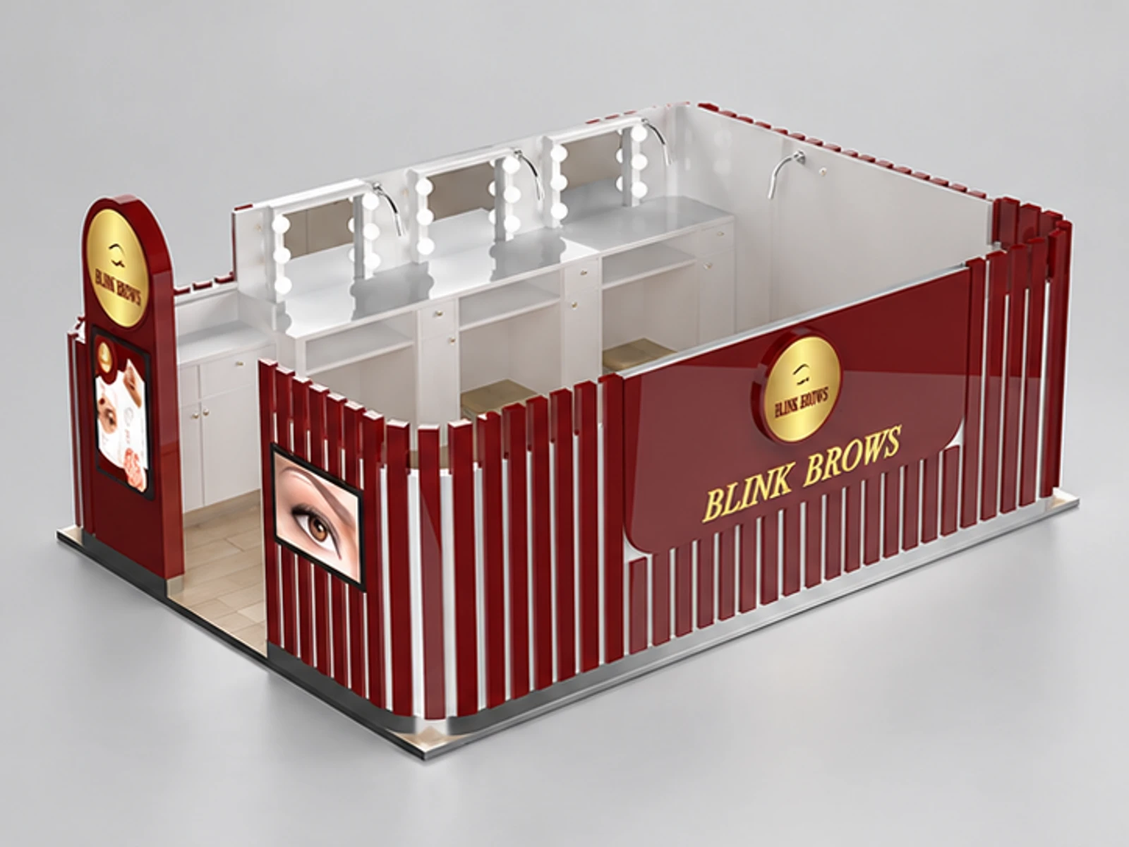 Shopping mall eyebrow threading kiosk | beauty salon service display stand main three-quarter view