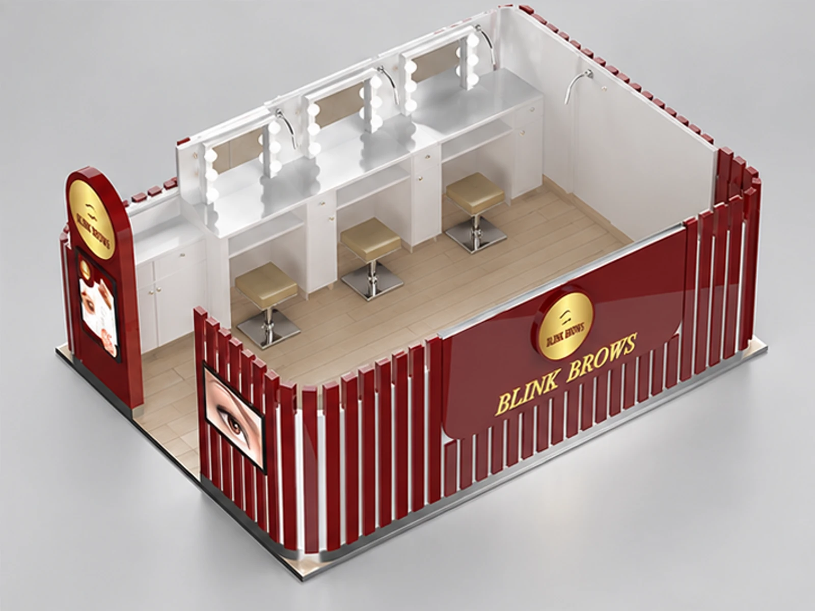 Shopping mall eyebrow threading kiosk | beauty salon service display stand staff-side equipment and storage view