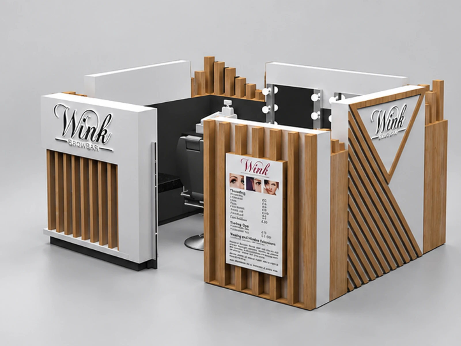 Solid wood veneer wink brow bar kiosk eyebrow threading booth used in UK main three-quarter view