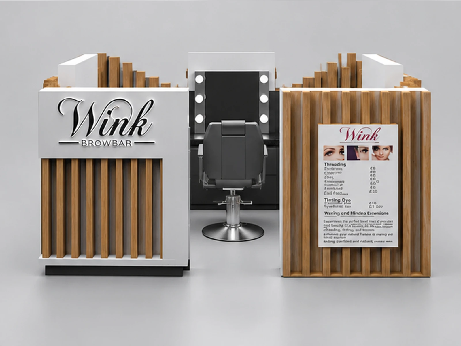 Solid wood veneer wink brow bar kiosk eyebrow threading booth used in UK customer-facing service and display view