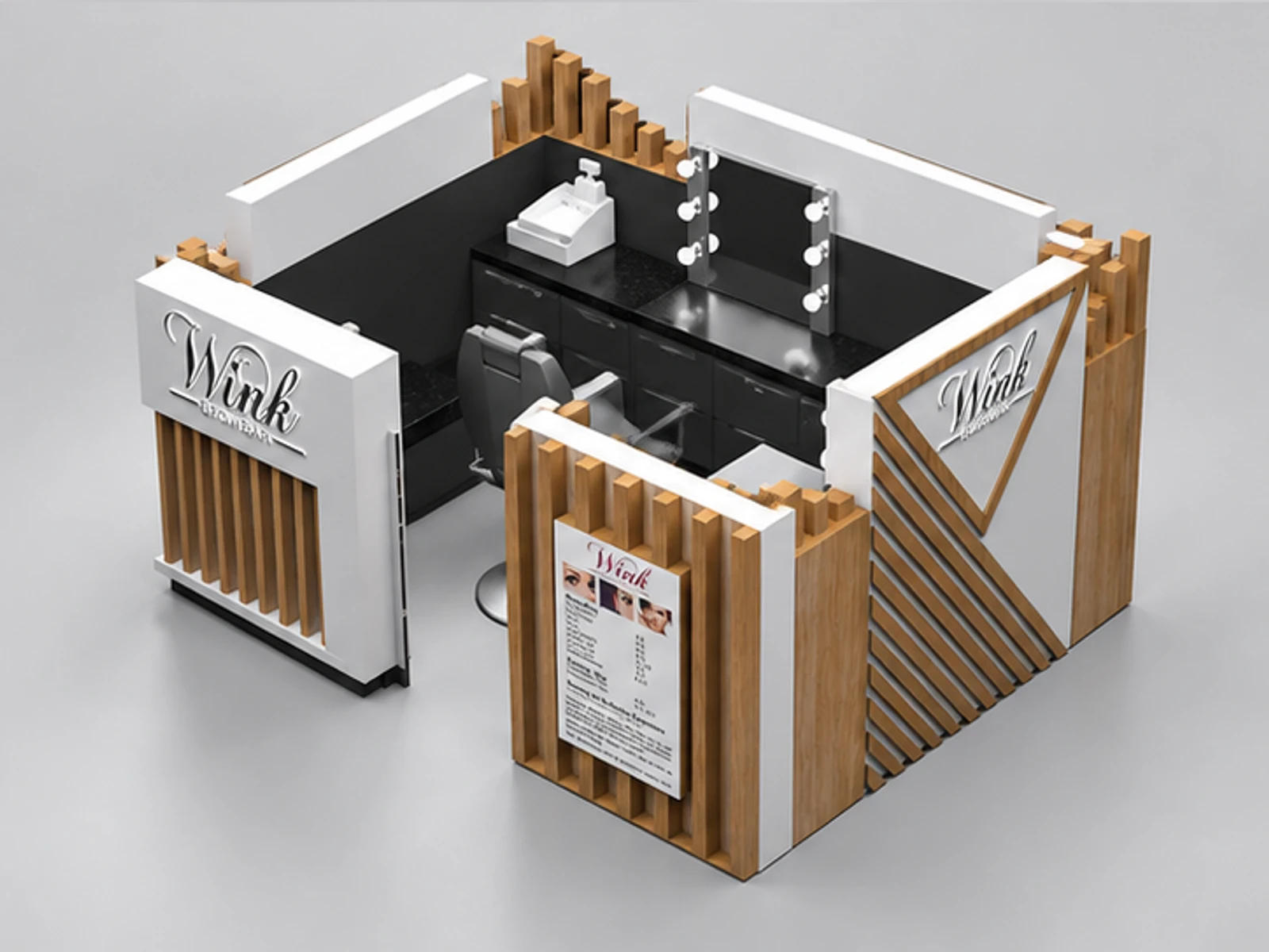 Solid wood veneer wink brow bar kiosk eyebrow threading booth used in UK staff-side equipment and storage view