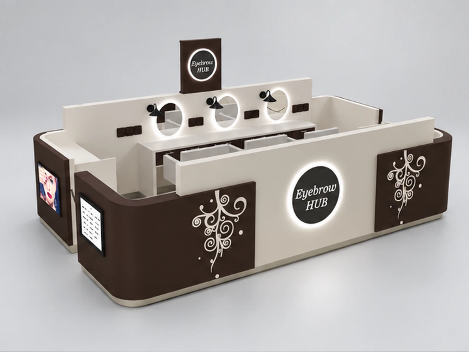 Sydney shopping mall beauty salon kiosk | eyelashes extension booth main three-quarter view