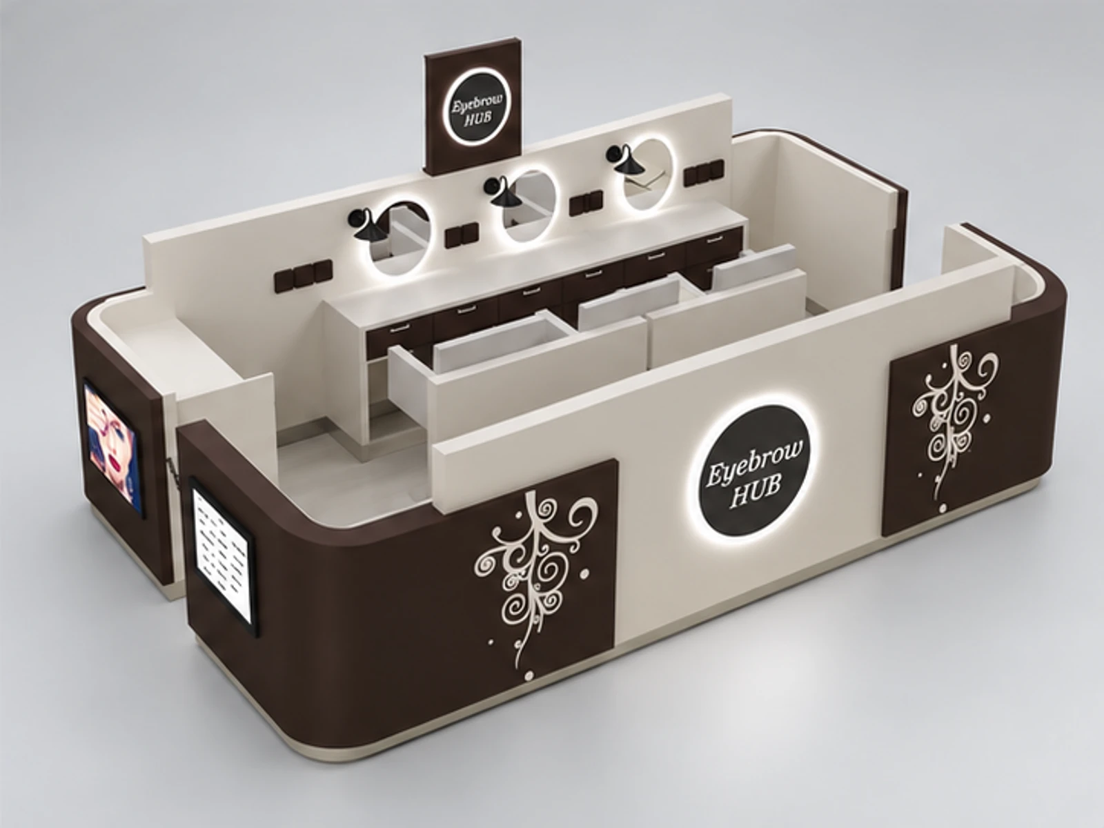 Sydney shopping mall beauty salon kiosk | eyelashes extension booth staff-side equipment and storage view