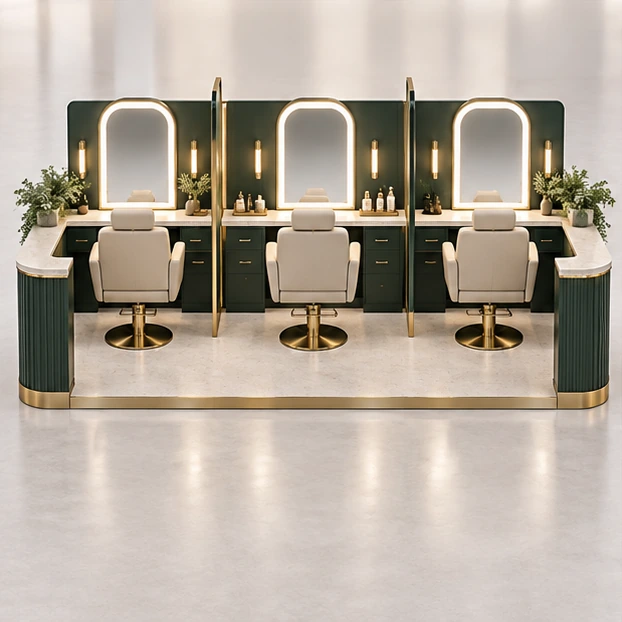 Three-Chair Eyebrow Threading Kiosk with Central Tool Storage customer-facing service and display view