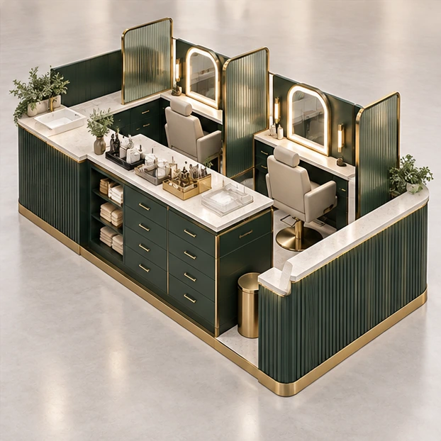 Three-Chair Eyebrow Threading Kiosk with Central Tool Storage operator-side equipment, access, and storage view
