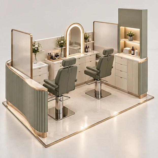 Two-Station Brow Threading Kiosk with Lit Mirrors operator-side equipment, access, and storage view