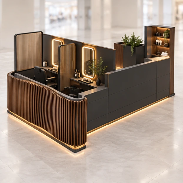 Wood-Slat Eyebrow Threading Kiosk with Backlit Vanity Wall opposite angle showing its complete footprint and display layout