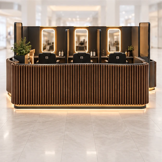Wood-Slat Eyebrow Threading Kiosk with Backlit Vanity Wall customer-facing service and display view