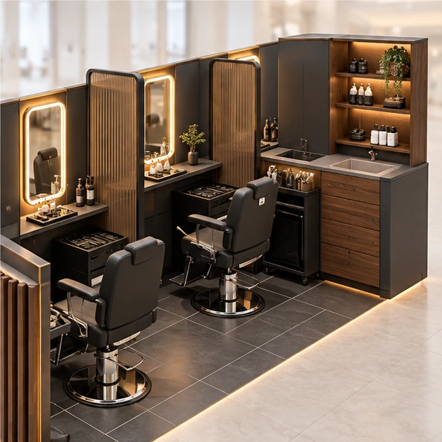 Wood-Slat Eyebrow Threading Kiosk with Backlit Vanity Wall operator-side equipment, access, and storage view