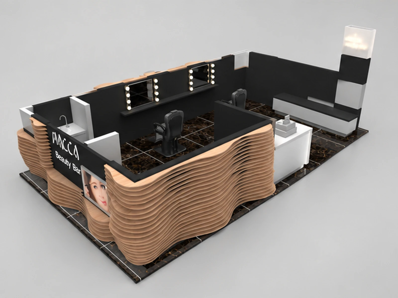 Wood slot organic fashion design creative wave style eyebrow kiosk & innovation brow bar main three-quarter view