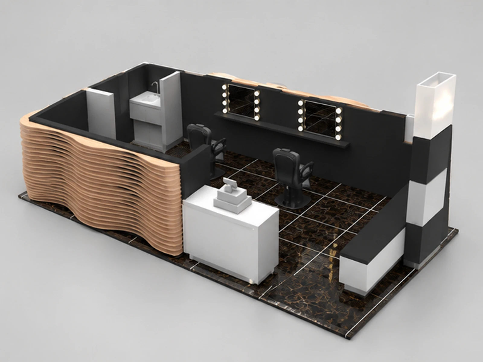 Wood slot organic fashion design creative wave style eyebrow kiosk & innovation brow bar opposite angle and overall footprint