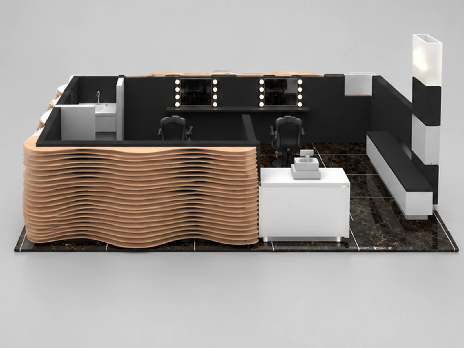 Wood slot organic fashion design creative wave style eyebrow kiosk & innovation brow bar customer-facing service and display view