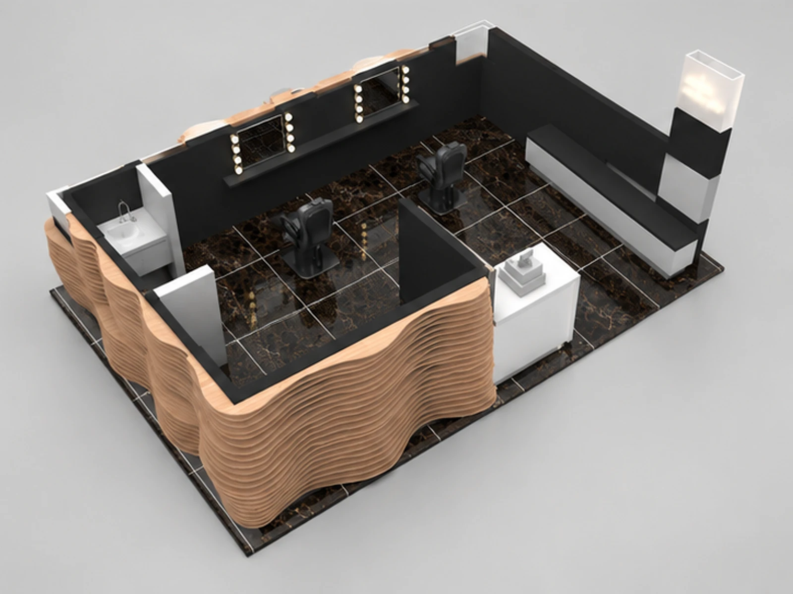Wood slot organic fashion design creative wave style eyebrow kiosk & innovation brow bar staff-side equipment and storage view