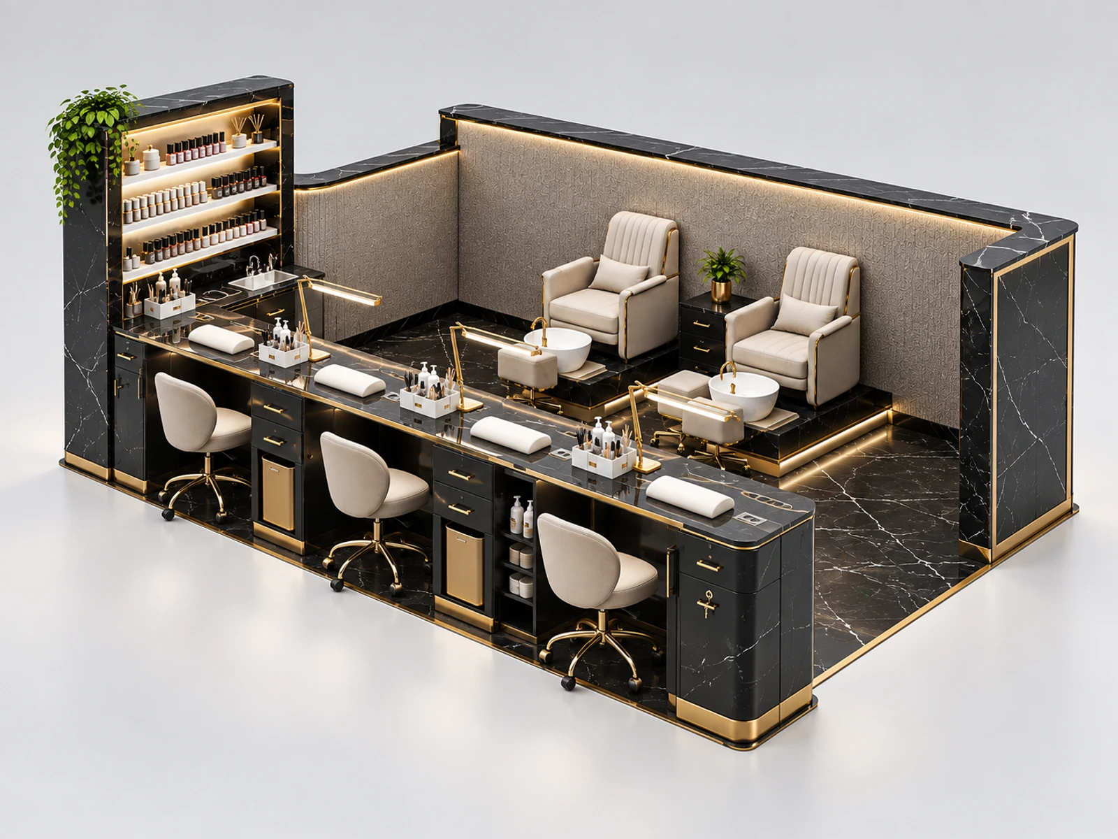 Black Marble Nail Kiosk with Premium Task Lighting staff-side equipment, utilities, and storage view